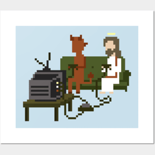 Jesus and Devil Playing Video Games Pixel Art Posters and Art